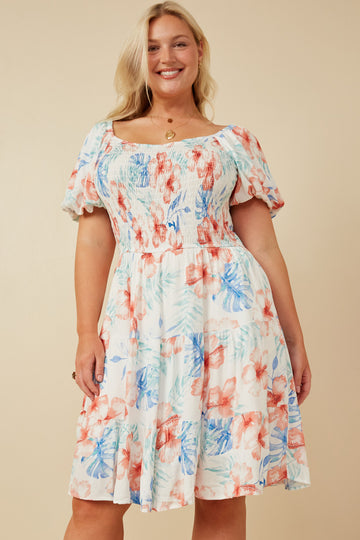 HY7284 Off White Womens Textured Romantic Floral Smocked Puff Sleeve Dress Front